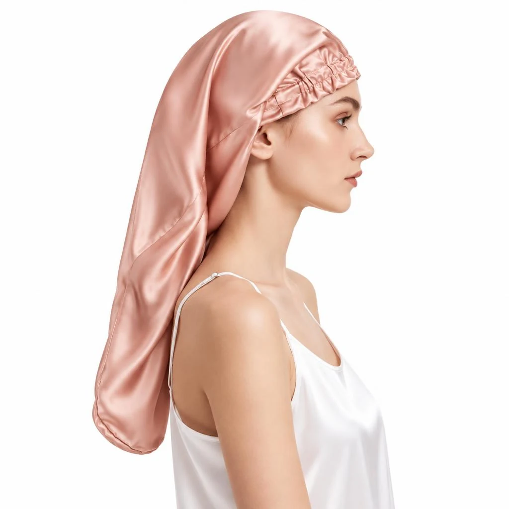 Model mit Maulbeerseiden-Schlafhaube Langes Haar – Zartrosa