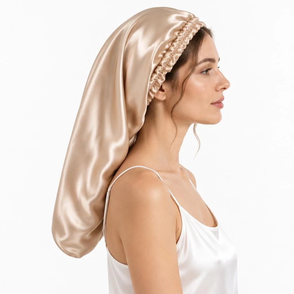 Model mit Maulbeerseiden-Schlafhaube Langes Haar – Champagnergold