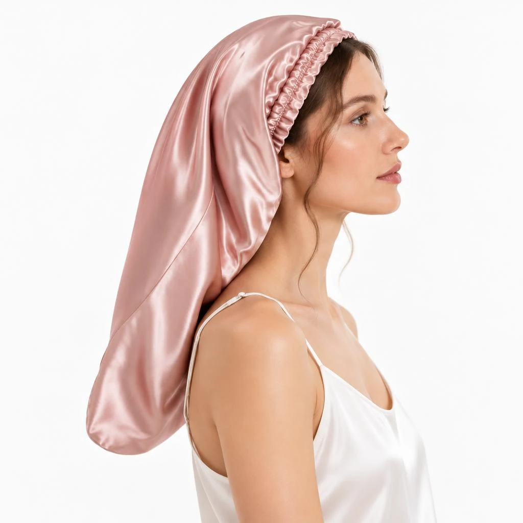 Model mit Maulbeerseiden-Schlafhaube Langes Haar – Altrosa