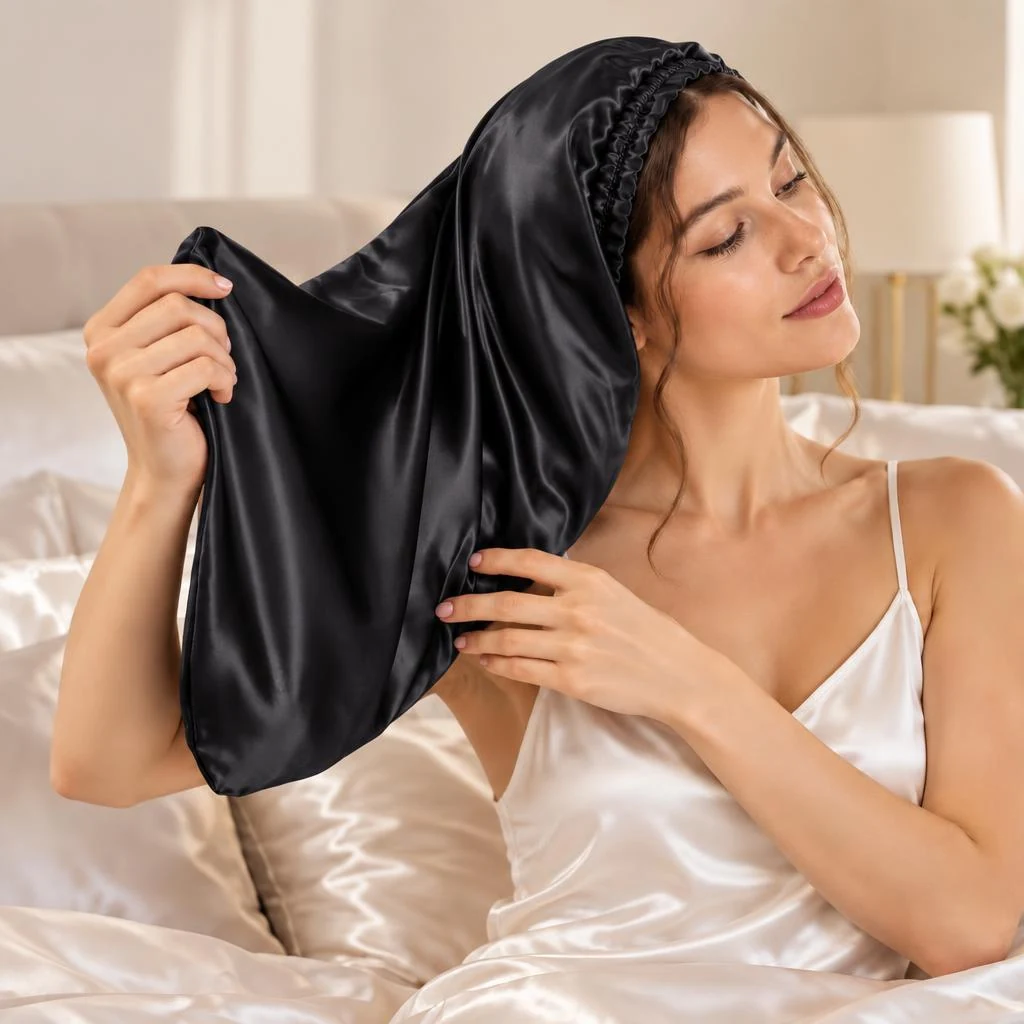 Maulbeerseiden-Schlafhaube Langes Haar – Mitternachtsschwarz - Aufsetzen und sanftes Einlegen der Haare