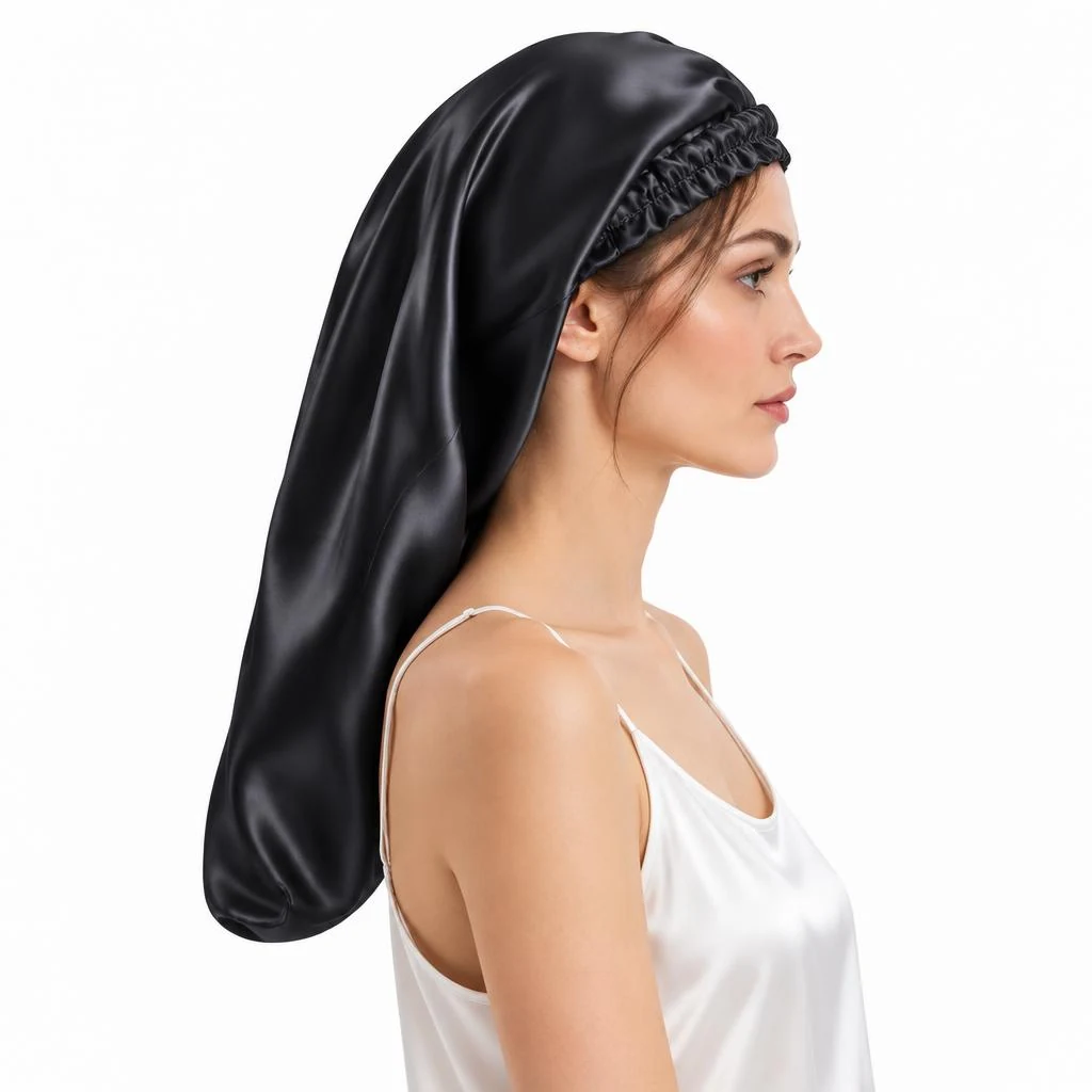 Model mit Maulbeerseiden-Schlafhaube Langes Haar – Mitternachtsschwarz