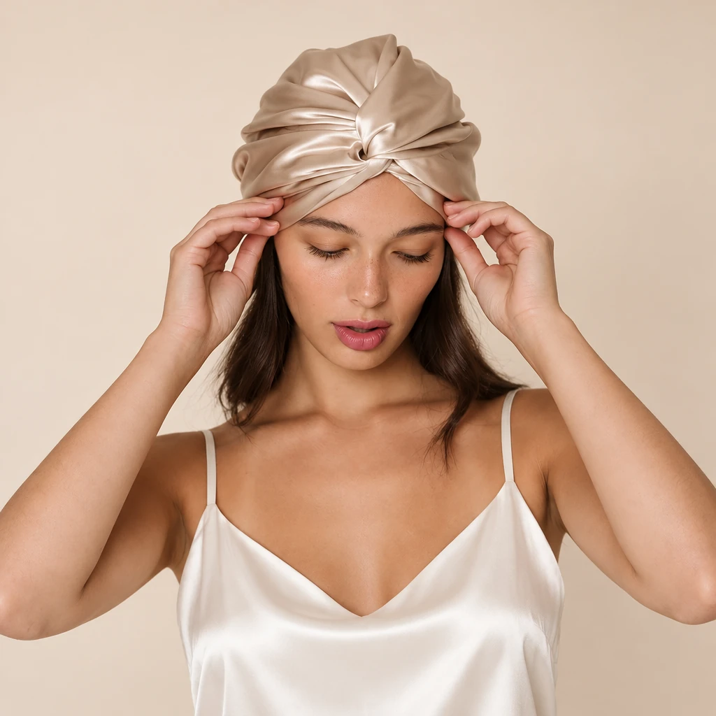 Model mit Maulbeerseiden-Schlafhaube Standard – Champagnergold