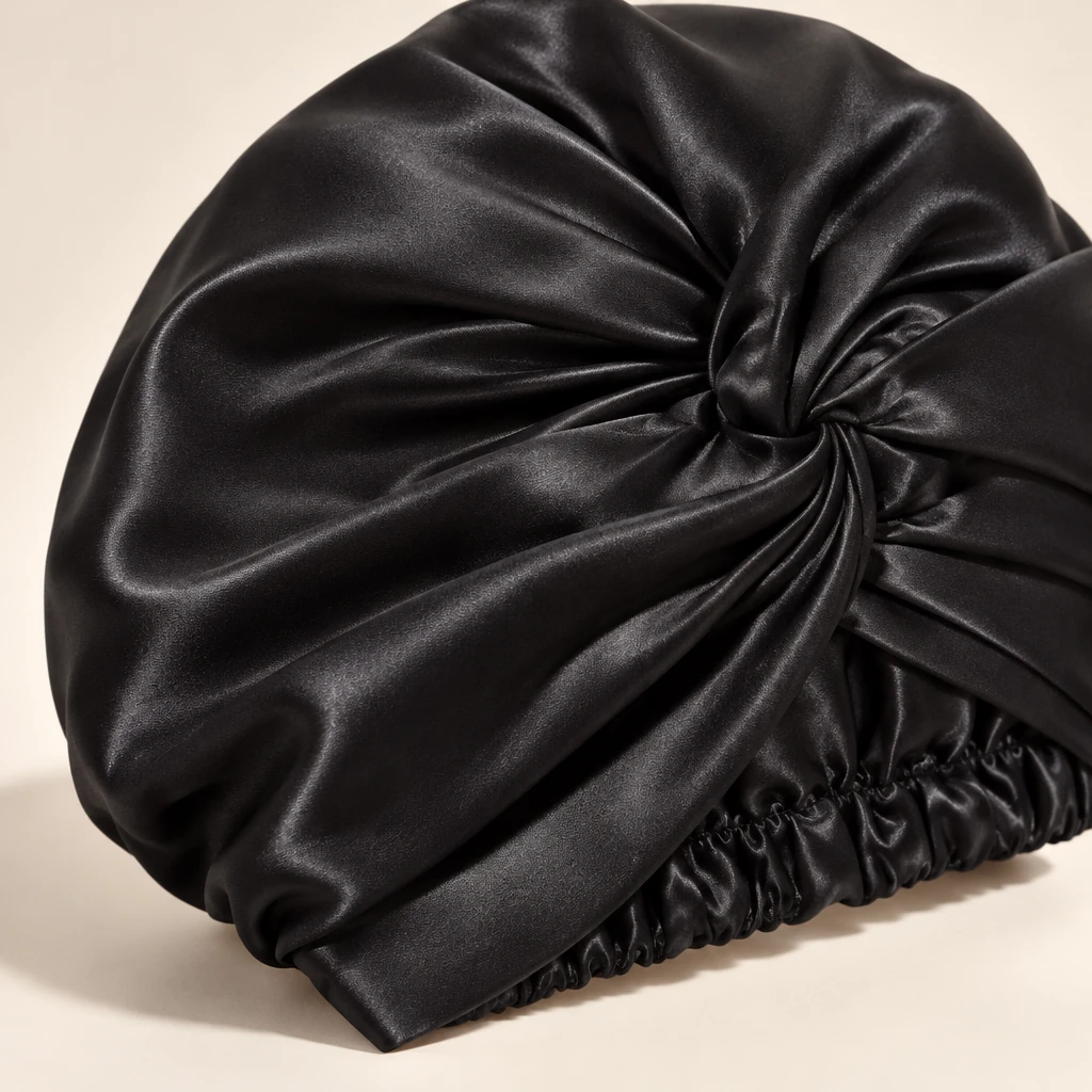 Maulbeerseiden-Schlafhaube Standard – Mitternachtsschwarz - Detailansicht der seidigen Textur und des Glanzes