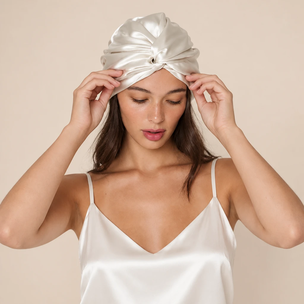 Model mit Maulbeerseiden-Schlafhaube Standard – Perlweiß