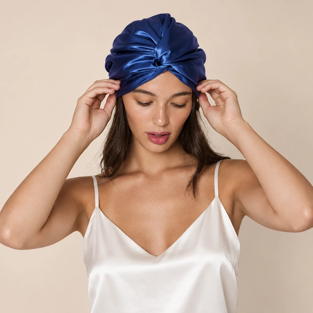 Model mit Maulbeerseiden-Schlafhaube Standard – Königsblau