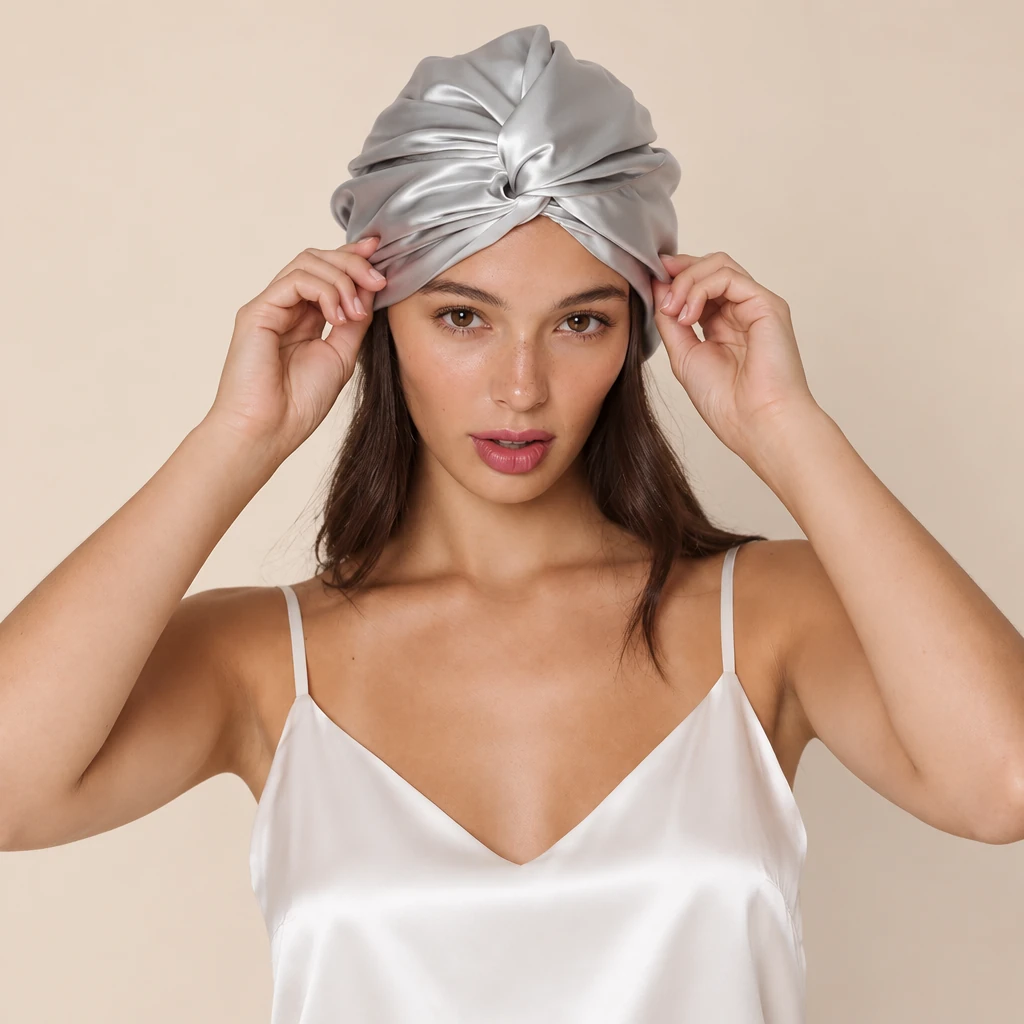 Model mit Maulbeerseiden-Schlafhaube Standard – Silbernebel