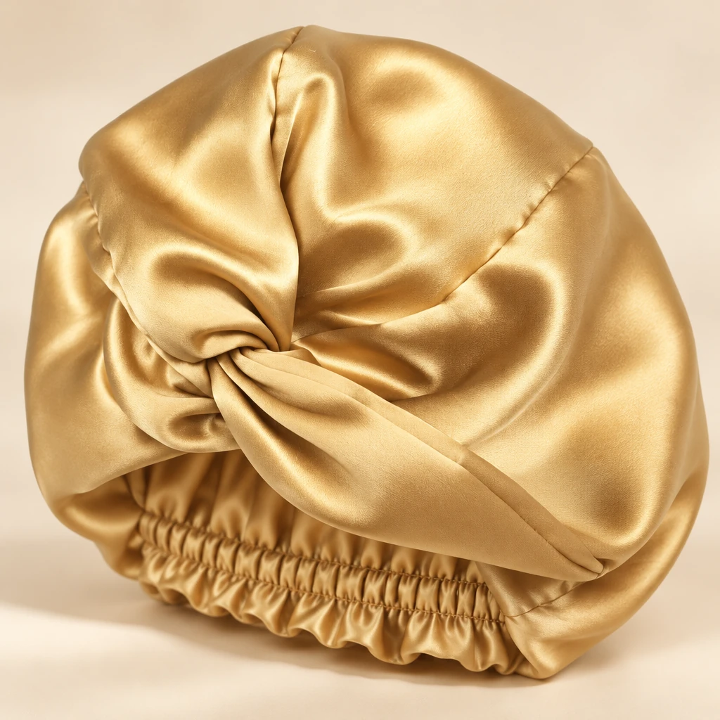 Maulbeerseiden-Schlafhaube Standard – Warmes Gold - Detailansicht der seidigen Textur und des Glanzes