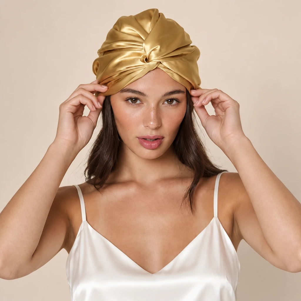 Model mit Maulbeerseiden-Schlafhaube Standard – Warmes Gold